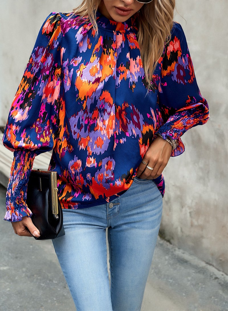 Loquat Squality Long Sleeve Shirt Female Autumn Temperament Elegant Floral Shirt Blue - Image 1