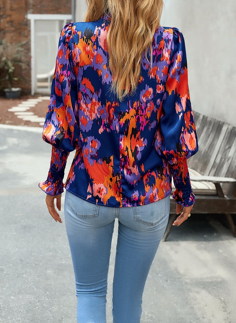 Loquat Squality Long Sleeve Shirt Female Autumn Temperament Elegant Floral Shirt Blue - Image 2