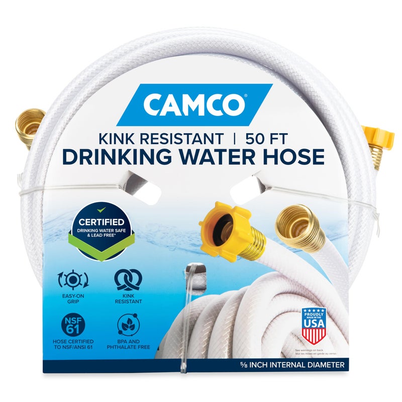 Camco TastePURE 50Ft Water Hose  RV Drinking Water Hose Contains No Lead No BPA  No Phthalate  Features DiamondHatch Reinforced PVC Design  58 Inside Diameter Made in the USA 22793