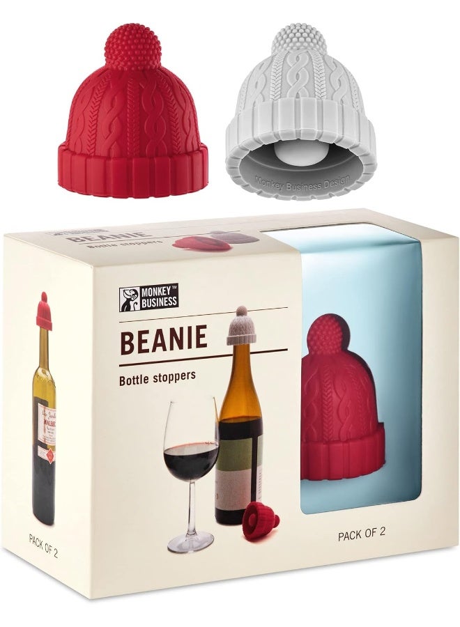 Monkey Business Beanie Cap Decorative Silicone Bottle Stopper in a Gift Box, Set of Two, Novelty Cork, Beverage and Wine Keeper, Champagne Bottle stoppers (Red & Grey) - Image 1
