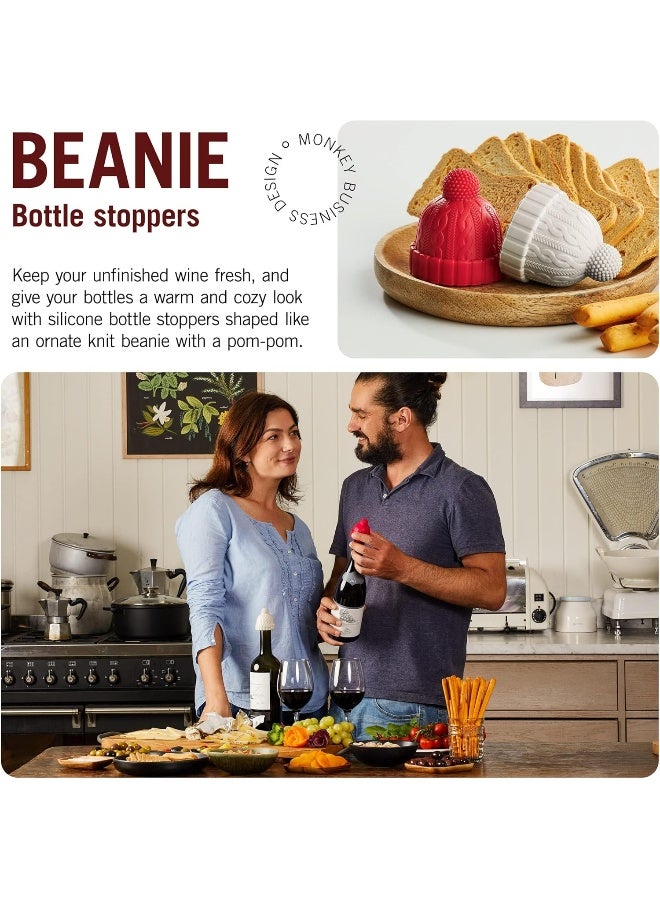 Monkey Business Beanie Cap Decorative Silicone Bottle Stopper in a Gift Box, Set of Two, Novelty Cork, Beverage and Wine Keeper, Champagne Bottle stoppers (Red & Grey) - Image 2