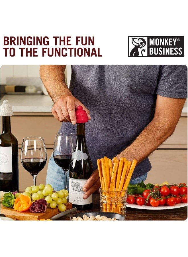 Monkey Business Beanie Cap Decorative Silicone Bottle Stopper in a Gift Box, Set of Two, Novelty Cork, Beverage and Wine Keeper, Champagne Bottle stoppers (Red & Grey) - Image 3