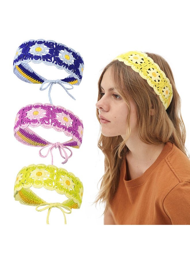 HAIMEIKANG 3Pcs Hippie Hair Bandanas Headbands For Women, Crochet Boho Headbands Floral Hair Bands For Girls (Daisy-Style  - Image 1
