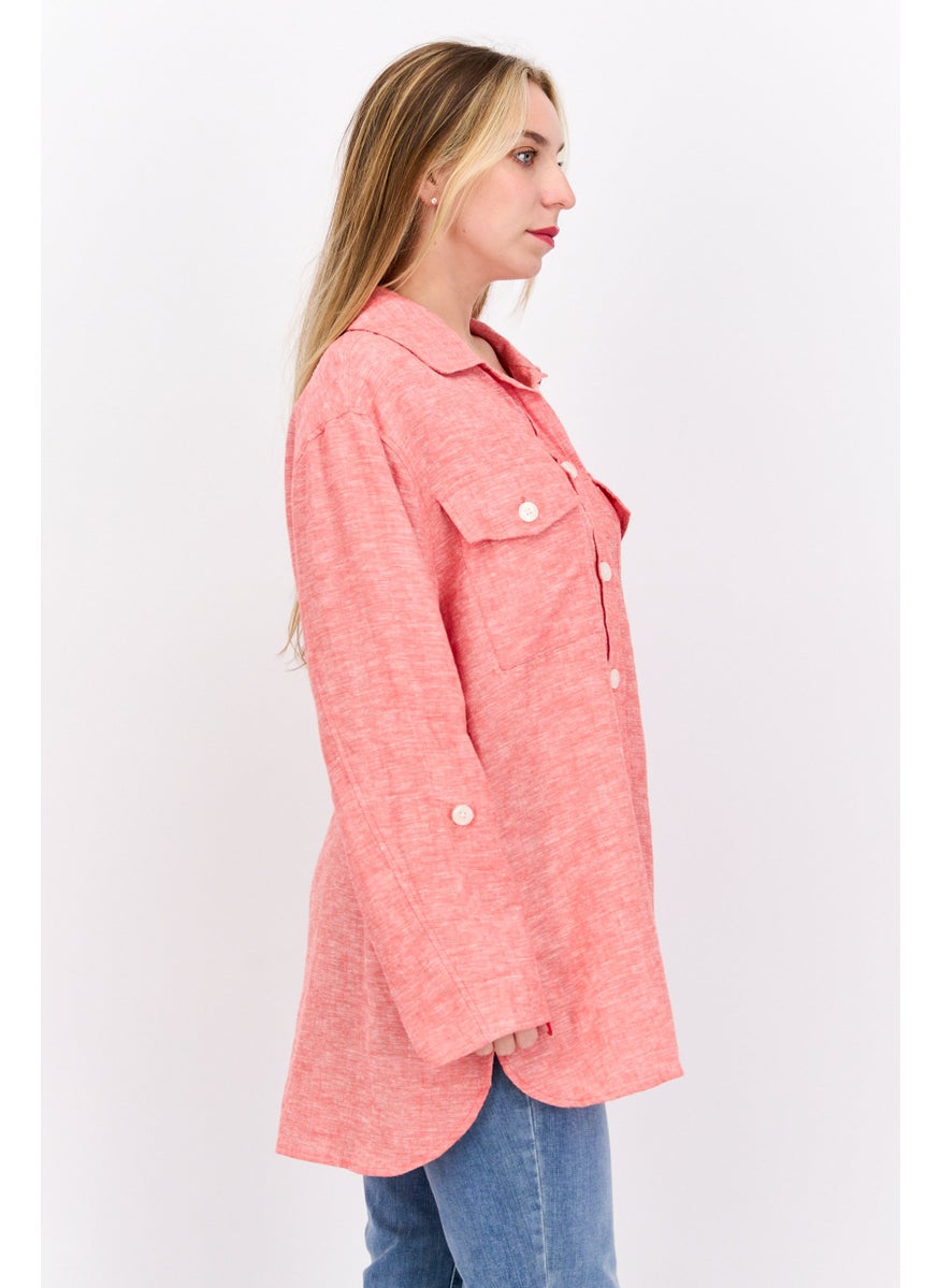 Jones New York - Women Spread Collar Long Sleeve Textured Top, Light Red - Image 1