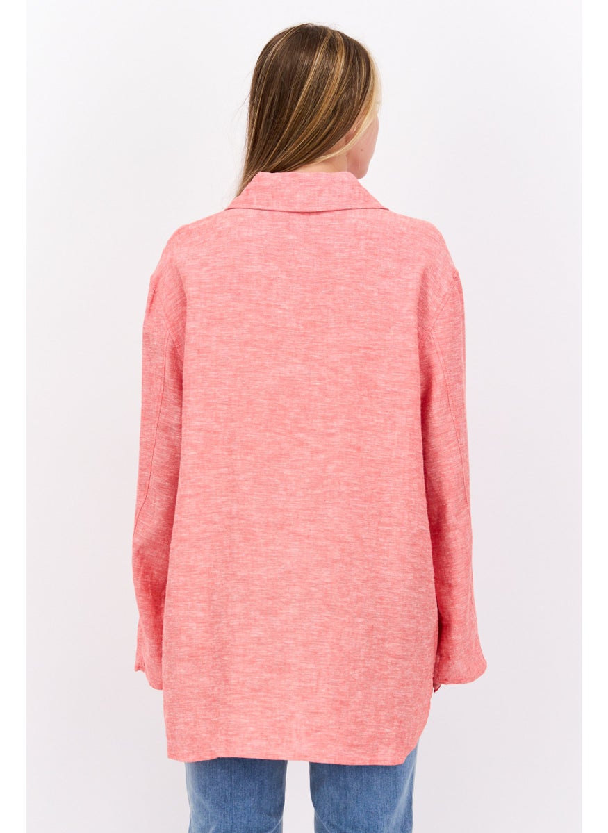 Jones New York - Women Spread Collar Long Sleeve Textured Top, Light Red - Image 1