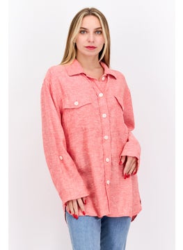 Women Spread Collar Long Sleeve Textured Top, Light Red