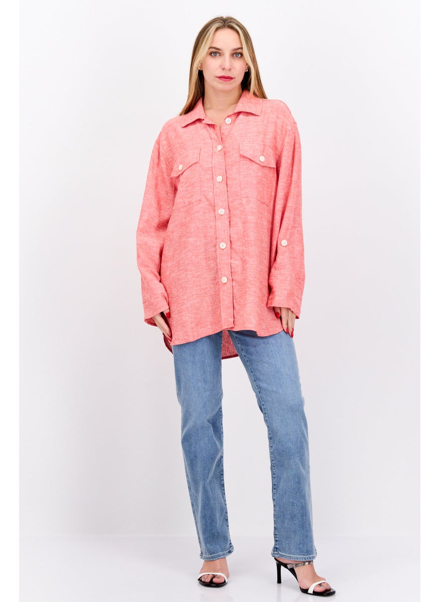 Jones New York - Women Spread Collar Long Sleeve Textured Top, Light Red - Image 1