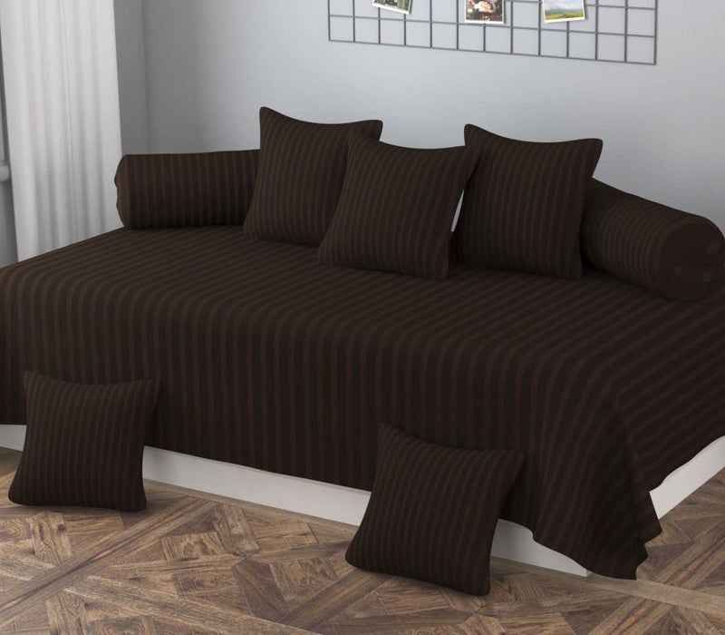 UNNAK Cotton Blend Diwan Set of 8 Pieces Including 1 Single Bedsheet with 2 Bolster Covers and 5 Cushion Covers Striped Diwan Cover Set for Living Room and Hall for Home Decor, 70x100 Inches, Brown - Image 1