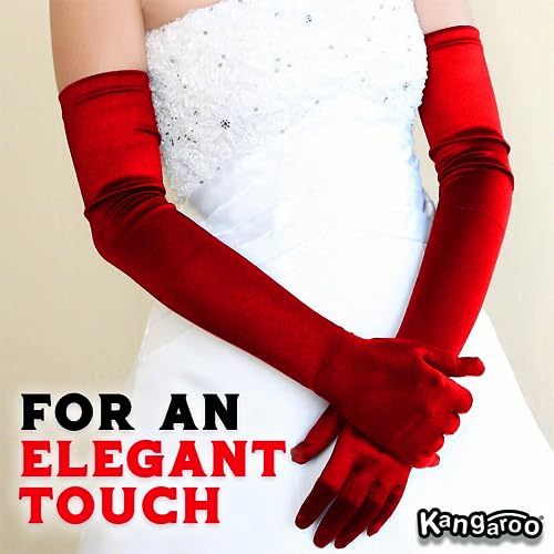Kangaroo Long Red Opera Gloves for Women - 1 Pair Elbow Length Satin, Tea Party Gloves for Women 1920s Dress Evening Gloves, Cosplay Apparel, Wedding gloves for Bride, Adult Size - Image 4