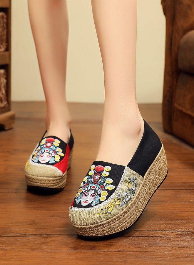 ZCM-HAPPY Peking Opera Mask Embroidered Canvas Sneakers - Women's Handmade Cotton Linen Slip-On Platform Shoes with Thick Sole 3.5 cm Height  - Image 1