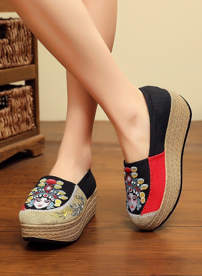 ZCM-HAPPY Peking Opera Mask Embroidered Canvas Sneakers - Women's Handmade Cotton Linen Slip-On Platform Shoes with Thick Sole 3.5 cm Height  - Image 4
