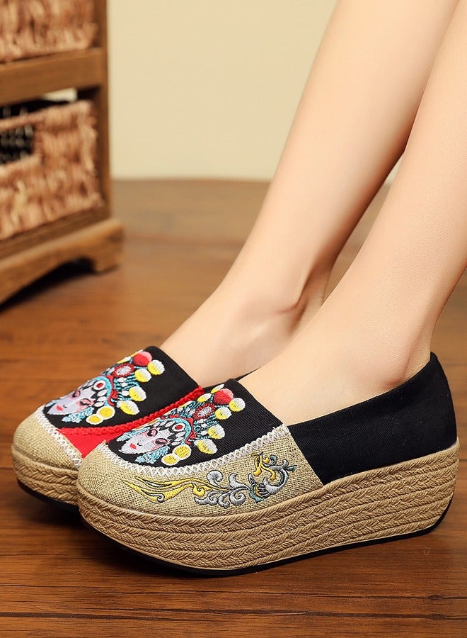 ZCM-HAPPY Peking Opera Mask Embroidered Canvas Sneakers - Women's Handmade Cotton Linen Slip-On Platform Shoes with Thick Sole 3.5 cm Height  - Image 2