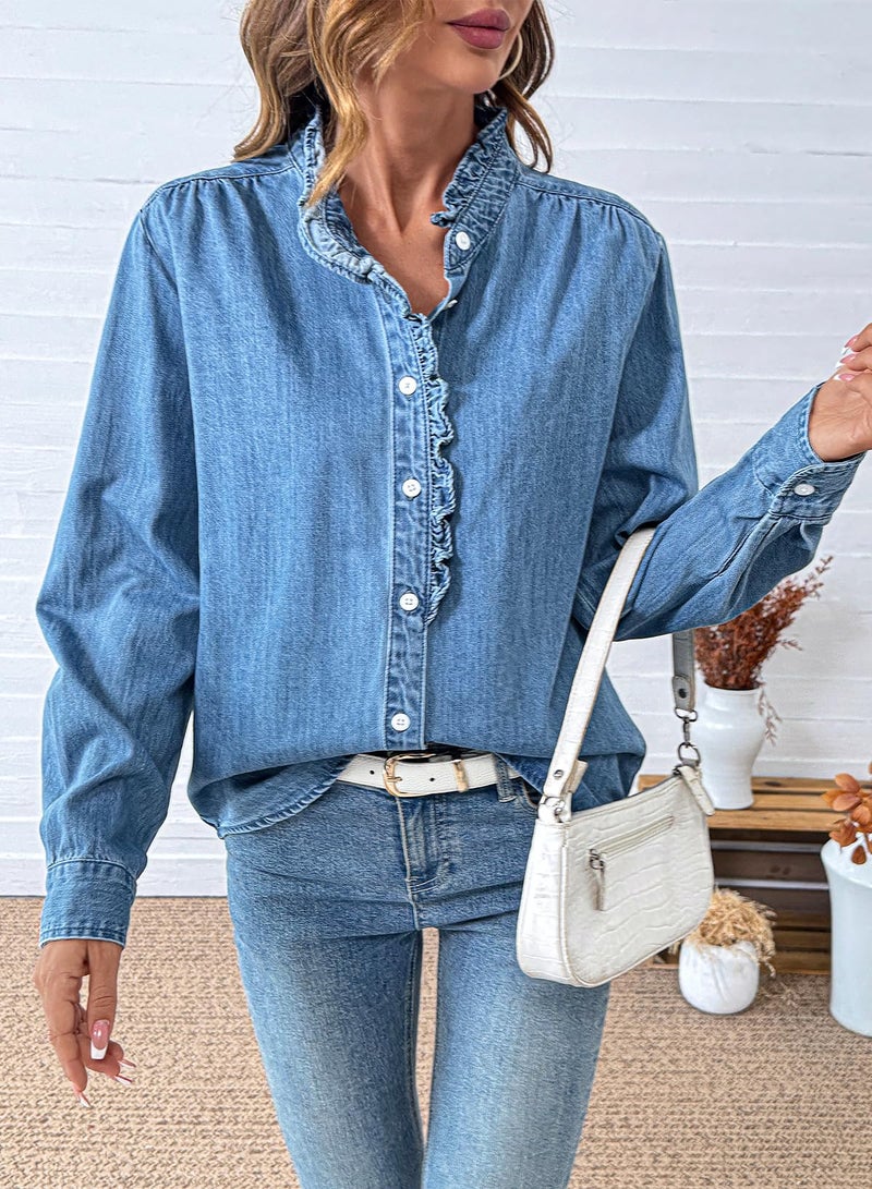 Sidefeel Womens Denim Blouses Button Down V Neck Ruffled Casual Long Sleeve Chambray Jean Western Shirt Light Blue Large - Image 4