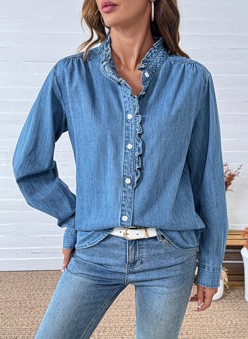 Sidefeel Womens Denim Blouses Button Down V Neck Ruffled Casual Long Sleeve Chambray Jean Western Shirt Light Blue Large - Image 2