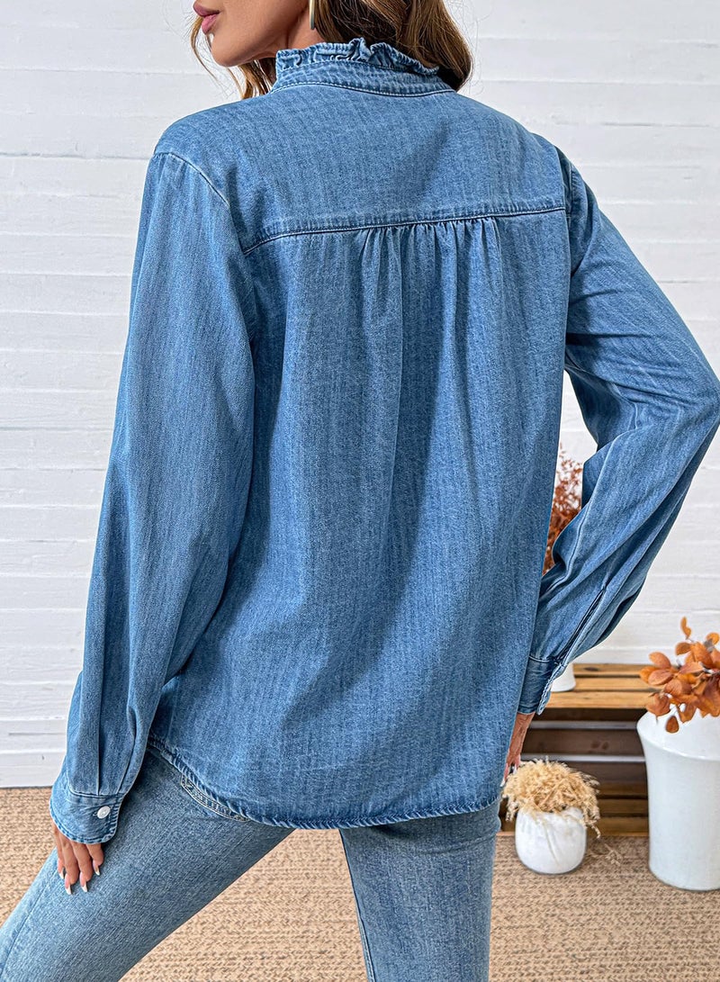 Sidefeel Womens Denim Blouses Button Down V Neck Ruffled Casual Long Sleeve Chambray Jean Western Shirt Light Blue Large - Image 3