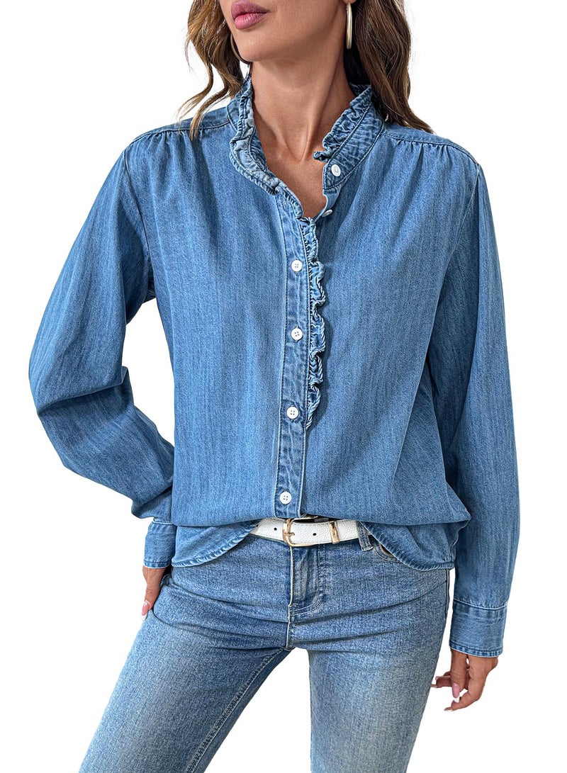 Sidefeel Womens Denim Blouses Button Down V Neck Ruffled Casual Long Sleeve Chambray Jean Western Shirt Light Blue Large - Image 1