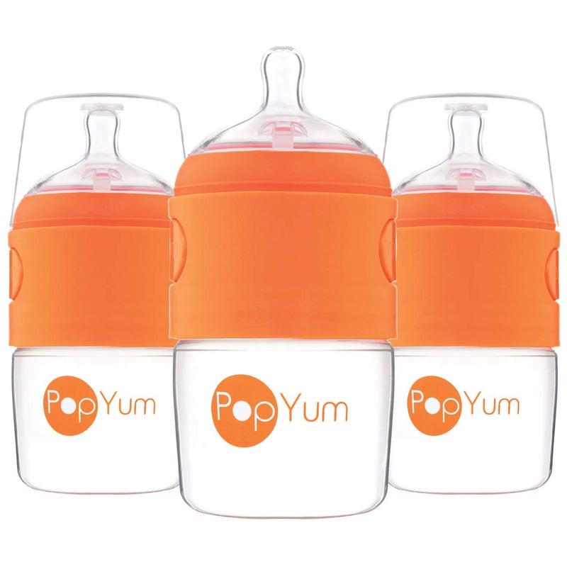 PopYum 5 oz Orange Anti-Colic Formula Making/Mixing/Dispenser Baby Bottles, 3-Pack with #1 Slow Flow Nipples, 150 ml, BPA-Free, Natural Latch - Image 1