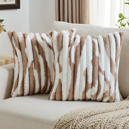 FUTEI Pack of 2 Faux Fur Plush Throw Pillow Covers 18x18 Inch Soft Tie Dye Striped Textured Farmhouse Decorative Cushion Covers Modern Home Decor for Couch Bed Living Room Brown White - Image 1