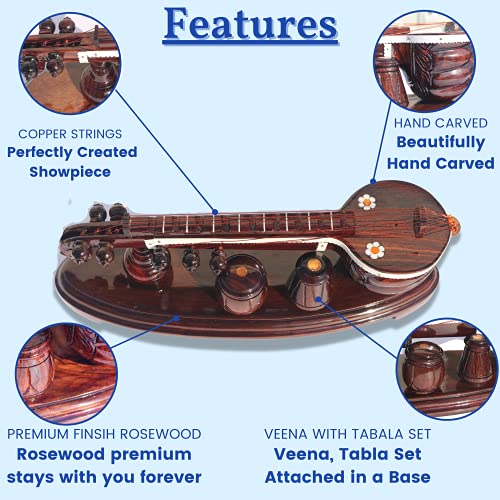 GIFT EQUALS LOVE Handcrafted Premium Finished Rose Wooden Veena with Attached Tabala Set Showpiece (10 Inches) - Image 2