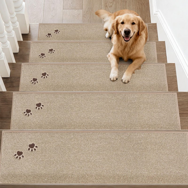BEQHAUSE Stair Treads for Wooden Steps 28inX9in, Non Slip Carpet Stair Treads Indoor Stair Runners Machine Washable, Soft Stair Rugs Mat Surface Polyester TPE Backing, 15pcs, Beige - Image 1