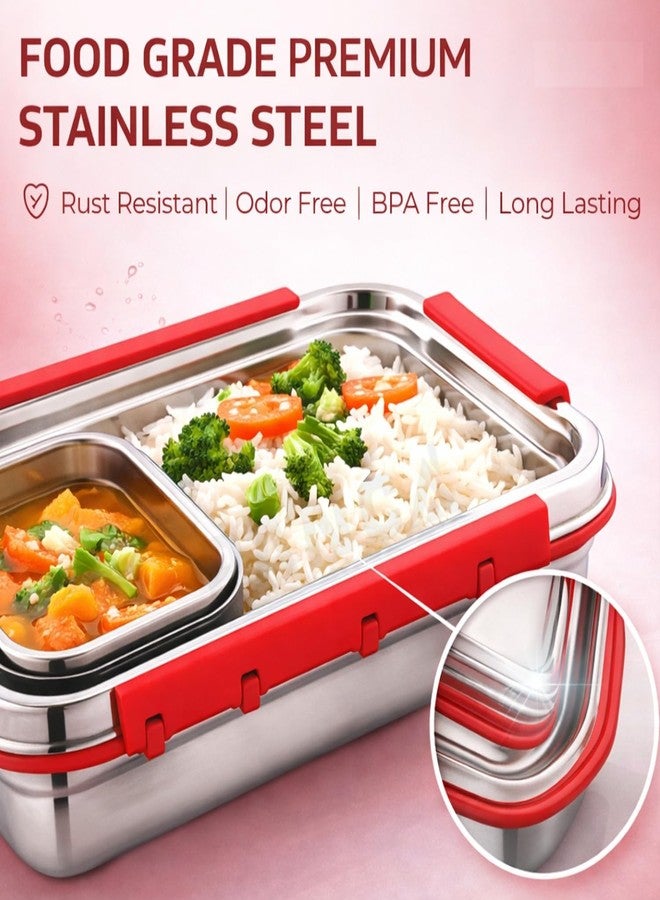 sunlife - Steel Lock Max Stainless Steel Lunch Box | SUS 304 Inside | Leak Proof Silicone Seal | Clip-n-Lock | BPA Free | Dishwasher Safe (Red) - Image 3