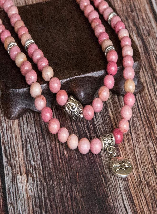 Bivei 108 Mala Beads Necklace Beaded Wrap Bracelets Genuine Gemstone Mala Prayer Beads Lotus Charm Yoga Meditation Necklace - Rhodochrosite - Image 2