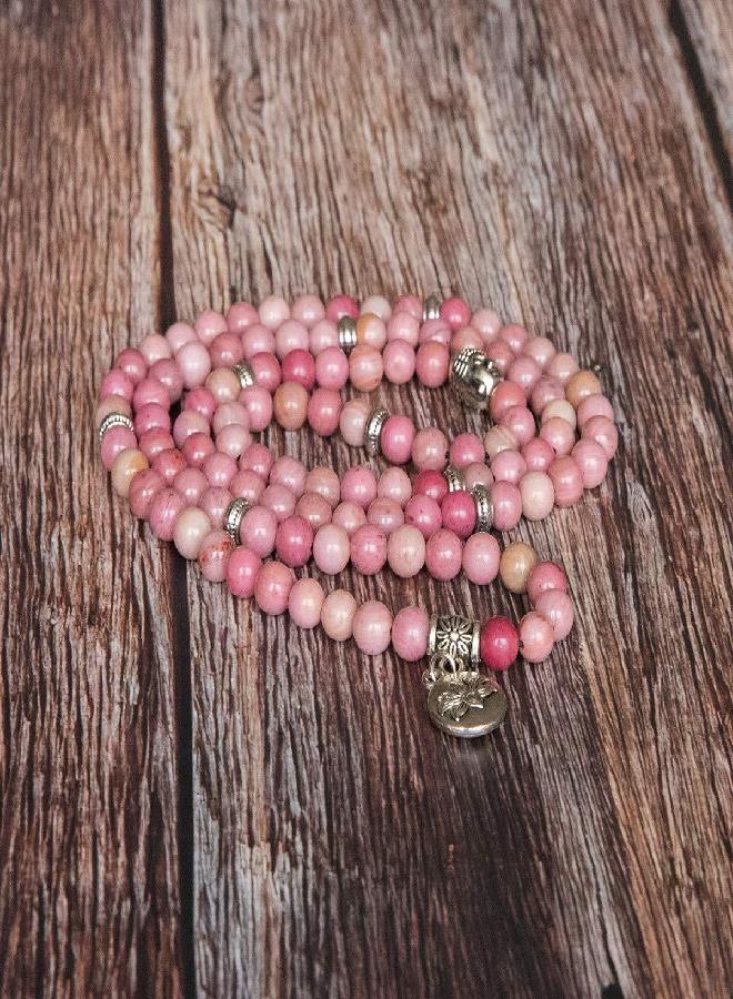 Bivei 108 Mala Beads Necklace Beaded Wrap Bracelets Genuine Gemstone Mala Prayer Beads Lotus Charm Yoga Meditation Necklace - Rhodochrosite - Image 3