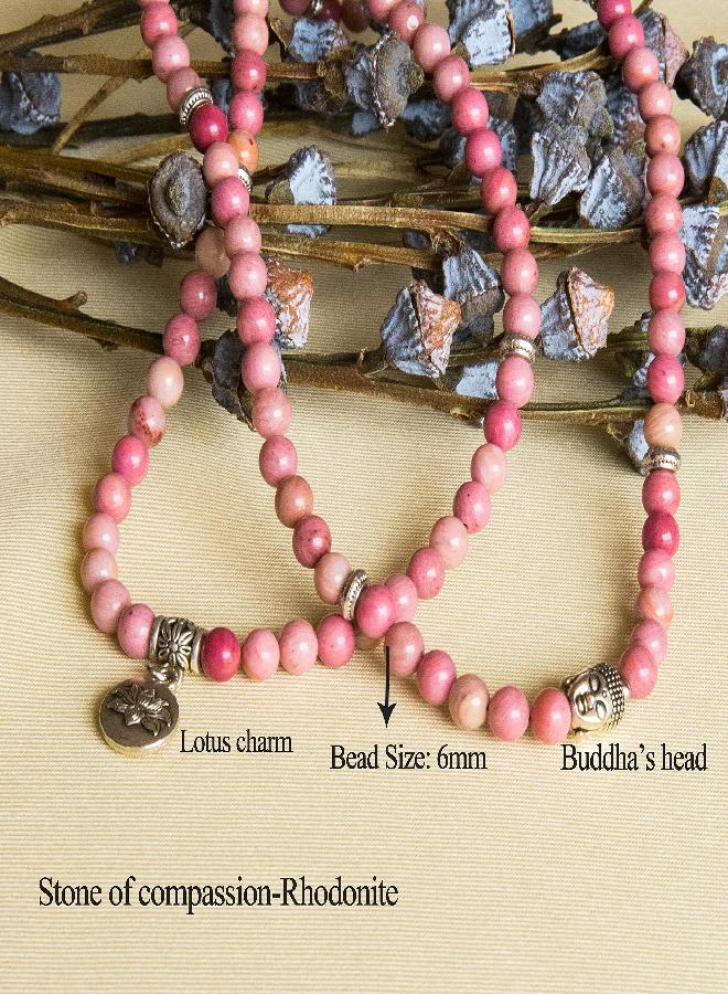 Bivei 108 Mala Beads Necklace Beaded Wrap Bracelets Genuine Gemstone Mala Prayer Beads Lotus Charm Yoga Meditation Necklace - Rhodochrosite - Image 1