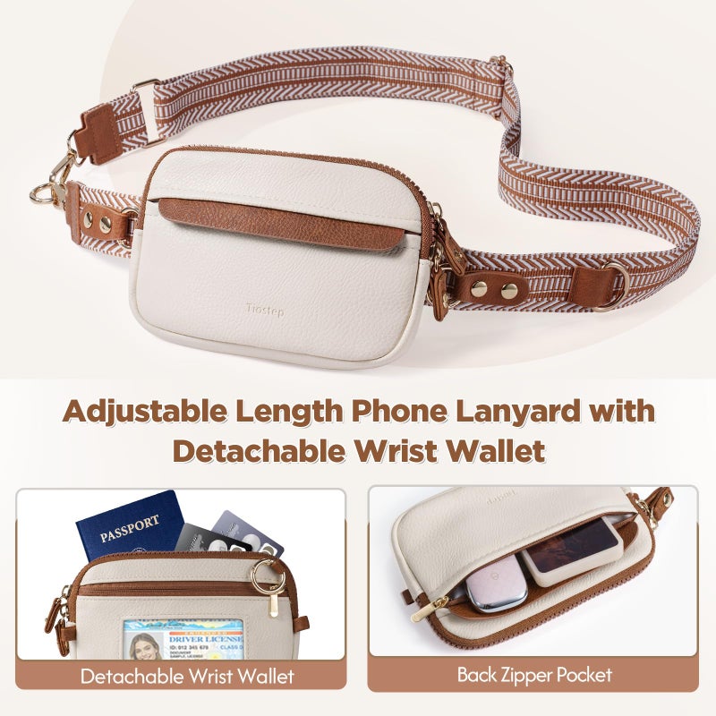 Tiostep Clip and Go Strap for Phone with Wallet Crossbody Phone Lanyard Adjustable and Anti-Theft Leather Purse with RFID Zipper Pouch for Travel Daily Life. Medium White-Brown - Image 3