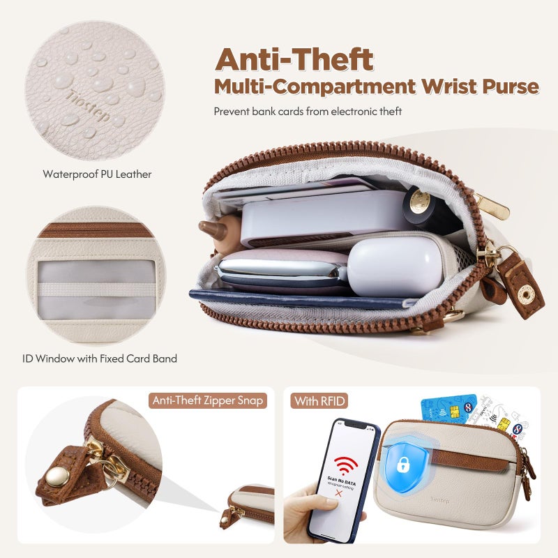 Tiostep Clip and Go Strap for Phone with Wallet Crossbody Phone Lanyard Adjustable and Anti-Theft Leather Purse with RFID Zipper Pouch for Travel Daily Life. Medium White-Brown - Image 4