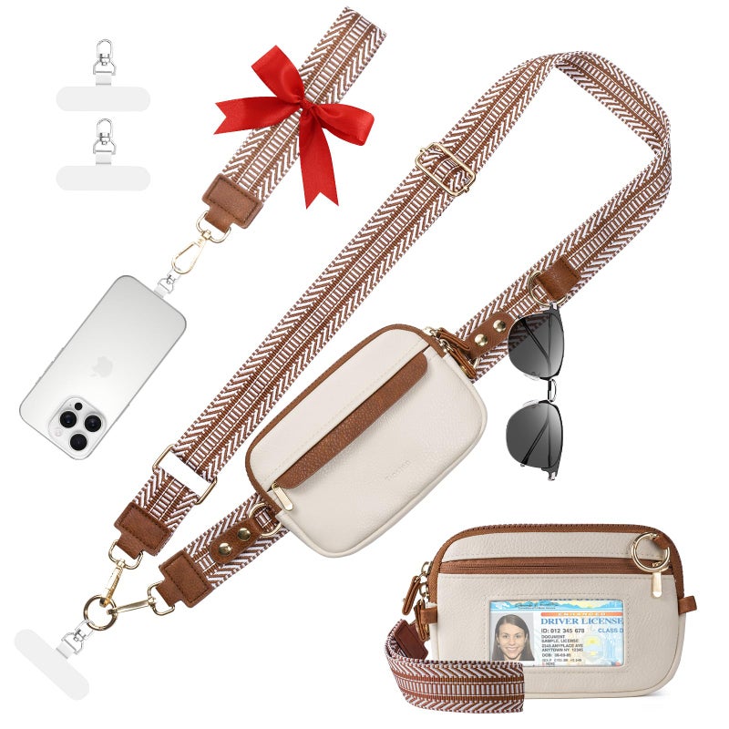 Tiostep Clip and Go Strap for Phone with Wallet Crossbody Phone Lanyard Adjustable and Anti-Theft Leather Purse with RFID Zipper Pouch for Travel Daily Life. Medium White-Brown - Image 1