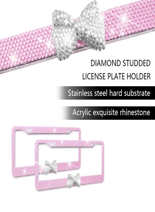 Sandfren Bling Car License Plate Frame, 2PCS Crystal Rhinestone Stainless Steel Vehicle Plate Holder, Glitter Diamond Sparkly Auto Plate Tag Cover Accessories, Universal Fit (Pink/White Bow) - Image 3