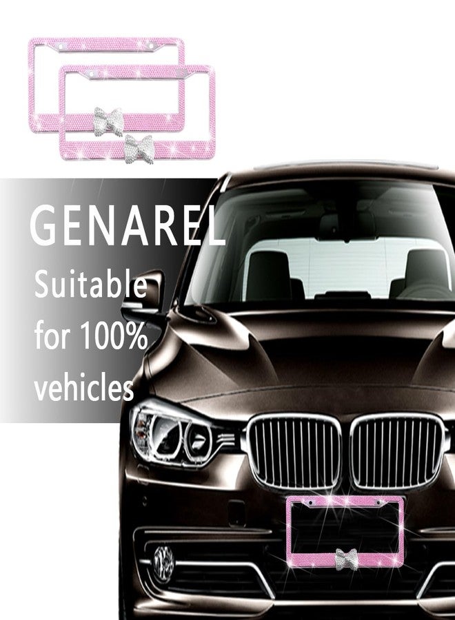 Sandfren Bling Car License Plate Frame, 2PCS Crystal Rhinestone Stainless Steel Vehicle Plate Holder, Glitter Diamond Sparkly Auto Plate Tag Cover Accessories, Universal Fit (Pink/White Bow) - Image 4