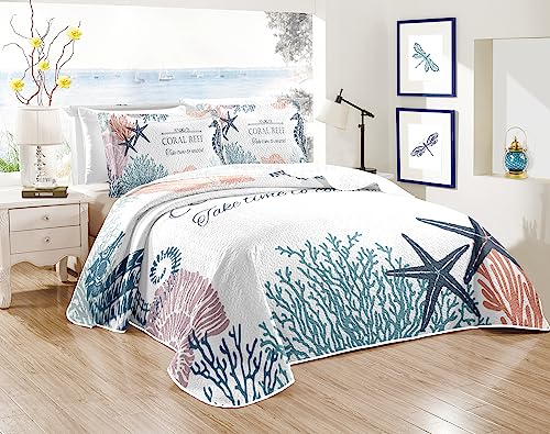 weesire Coastal Bedding King Size 2 Shams, Nautical Beach Comforter Sets Ocean Bedspreads Coastal Coverlet Summer Bedding, 96''x106'' - Image 1