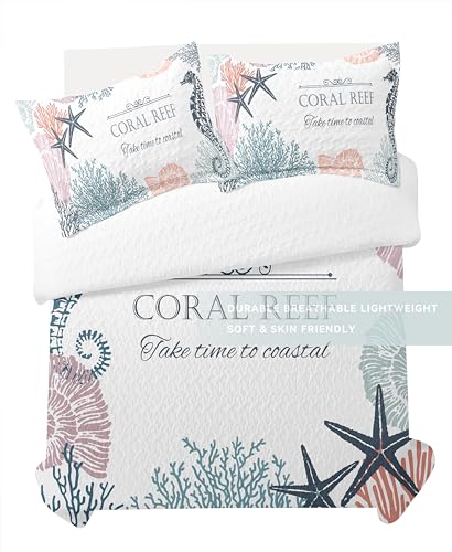 weesire Coastal Bedding King Size 2 Shams, Nautical Beach Comforter Sets Ocean Bedspreads Coastal Coverlet Summer Bedding, 96''x106'' - Image 4