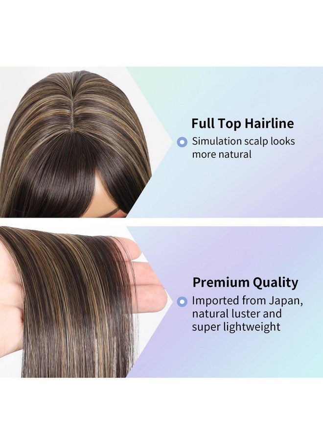 كاليس باروكة شعر صناعية نسائية من كاليس براون مع خصلات مميزة، مع غرة شعر، وفرق في المنتصف، وشعر بشري طويل مستقيم ومقاوم للحرارة، ومختلط، للنساء (بني مع خصلات مميزة) - Image 4