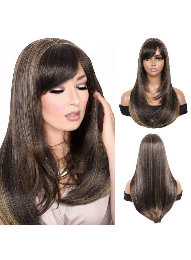 كاليس باروكة شعر صناعية نسائية من كاليس براون مع خصلات مميزة، مع غرة شعر، وفرق في المنتصف، وشعر بشري طويل مستقيم ومقاوم للحرارة، ومختلط، للنساء (بني مع خصلات مميزة) - Image 1