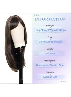 Kalyss Kalyss Brown with Highlights Yaki Synthetic Women's Wig With Hair Bangs Centre Parting Long Straight Layered Heat Resistant Human Hair Blended Hair Wig for Women (brown with highlights color)  - Image 2