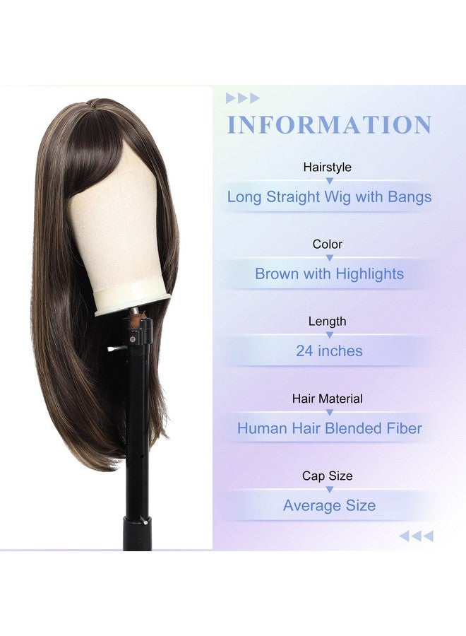 كاليس باروكة شعر صناعية نسائية من كاليس براون مع خصلات مميزة، مع غرة شعر، وفرق في المنتصف، وشعر بشري طويل مستقيم ومقاوم للحرارة، ومختلط، للنساء (بني مع خصلات مميزة) - Image 2