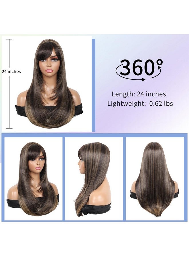 كاليس باروكة شعر صناعية نسائية من كاليس براون مع خصلات مميزة، مع غرة شعر، وفرق في المنتصف، وشعر بشري طويل مستقيم ومقاوم للحرارة، ومختلط، للنساء (بني مع خصلات مميزة) - Image 3