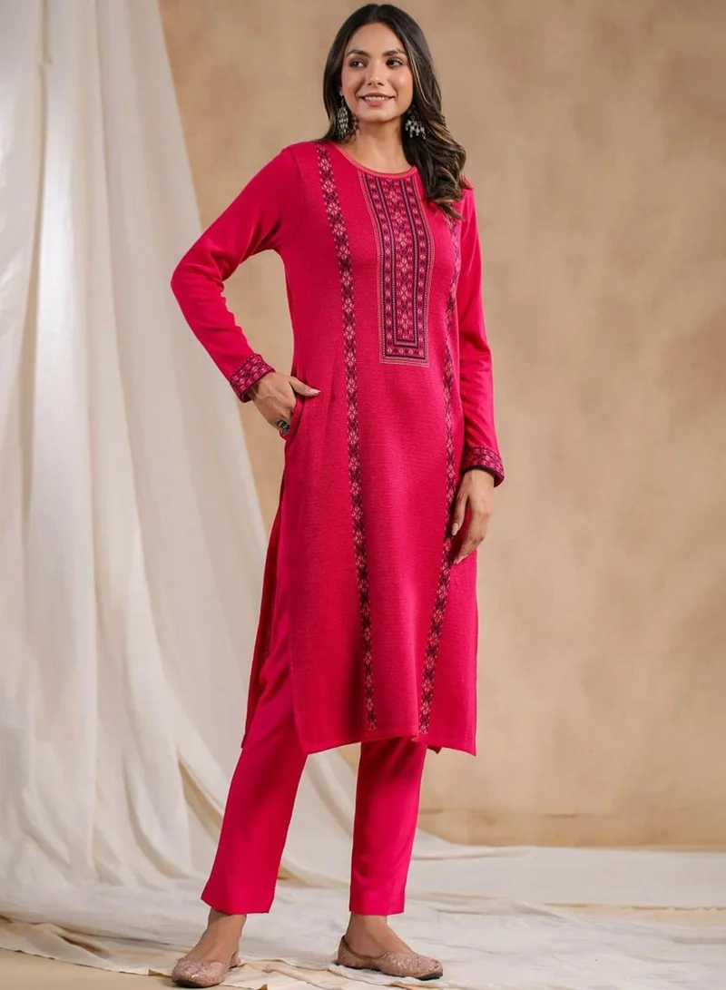 ISHIN Women's Pink Polyester Blend Embellished Tunic Straight Fit Kurta