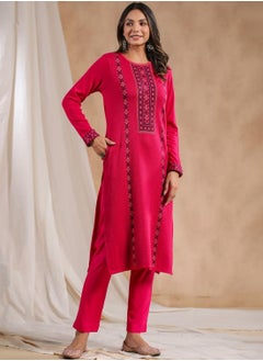 ISHIN Women's Pink Polyester Blend Embellished Tunic Straight Fit Kurta  - Image 3