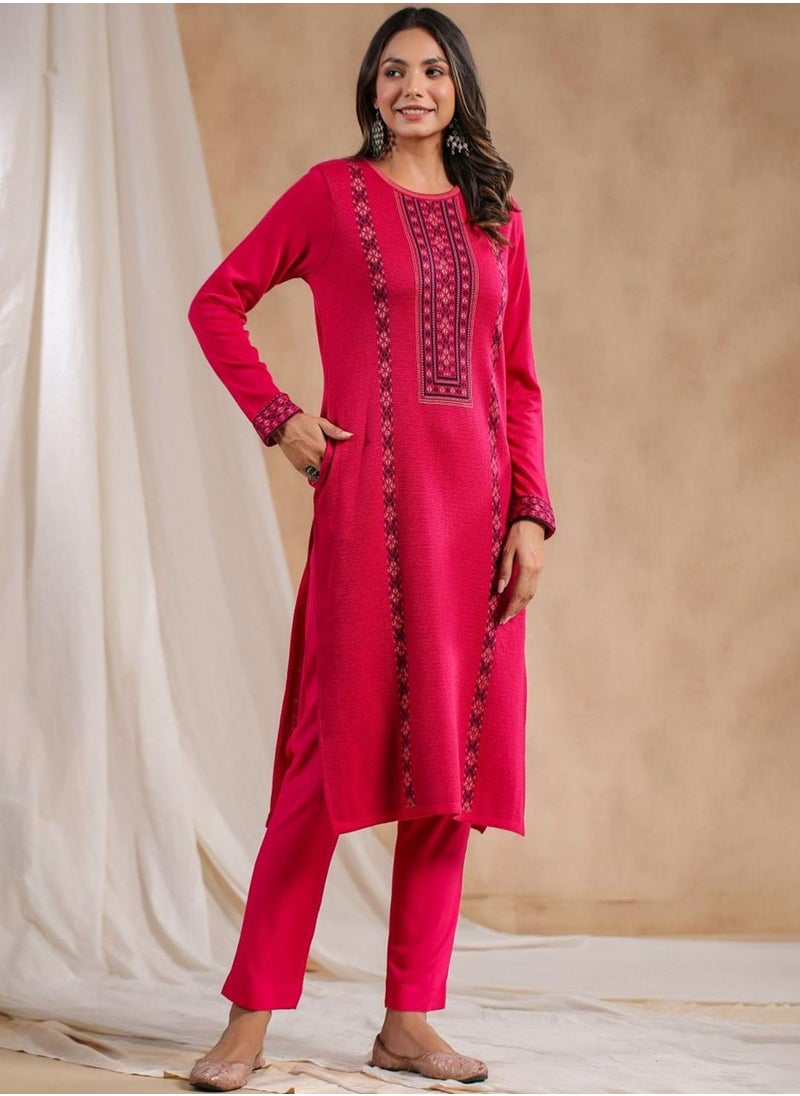 ISHIN Women's Pink Polyester Blend Embellished Tunic Straight Fit Kurta  - Image 3