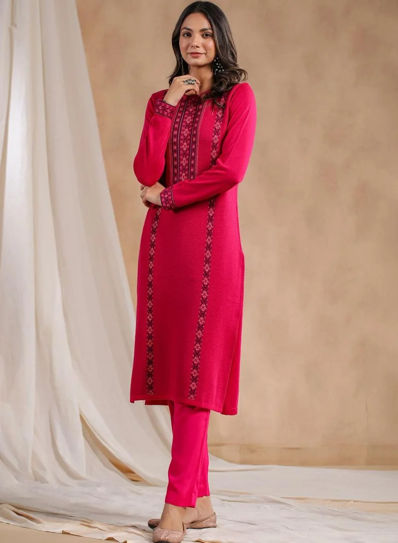 ISHIN Women's Pink Polyester Blend Embellished Tunic Straight Fit Kurta