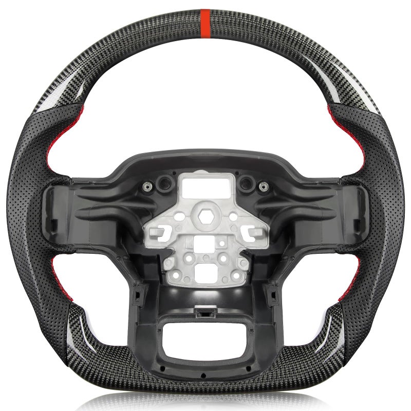 TESFEEL Carbon Fiber Steering Wheel for Ford F150 20212024 DShaped FlatBottom Perforated Nappa Leather Grip HandStitched for F150 Without Paddle Shifters Models