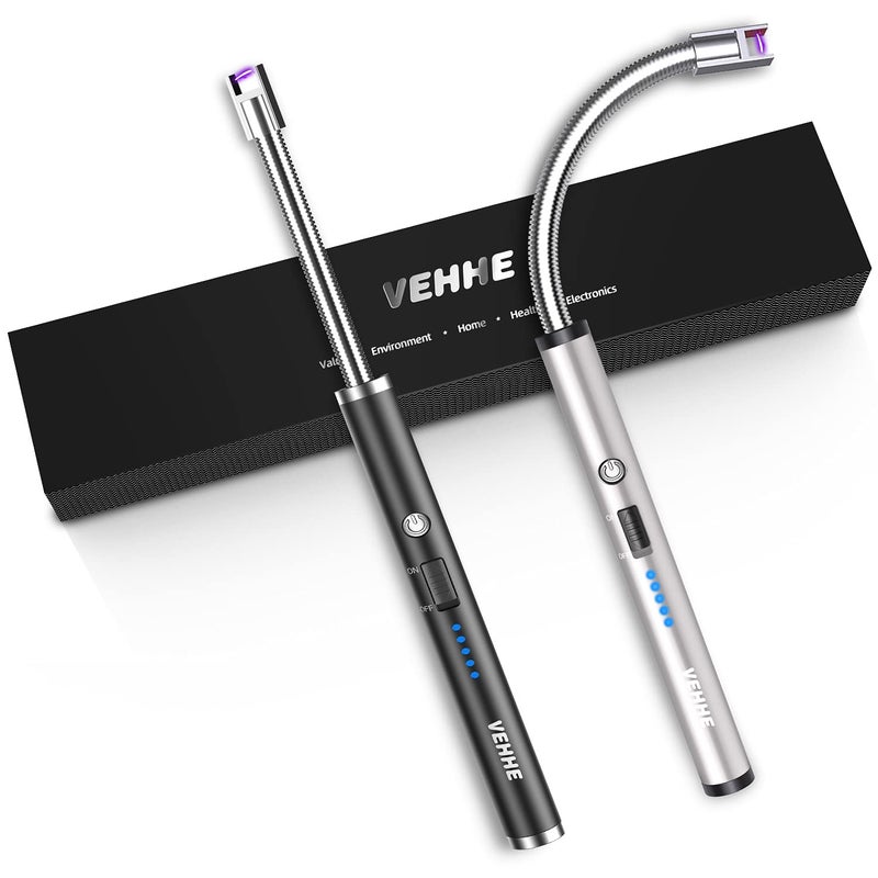 VEHHE Candle Lighter 2 Pack Rechargeable Electric Lighter with LED Battery Display Safety Switch Flexible Neck USB Lighter for Candles Camping Grill Gas Stoves Cooking Black and Silver