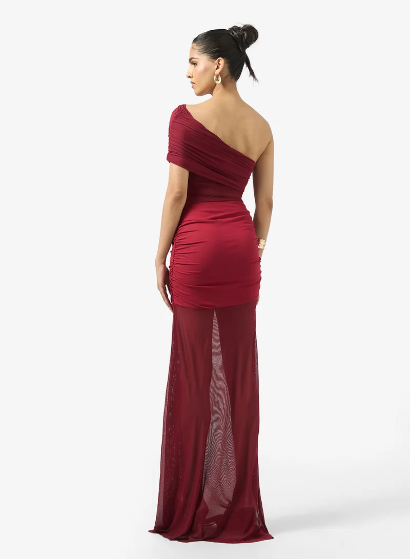 جينجر One Shoulder Ruched Dress with Pleated Hem
