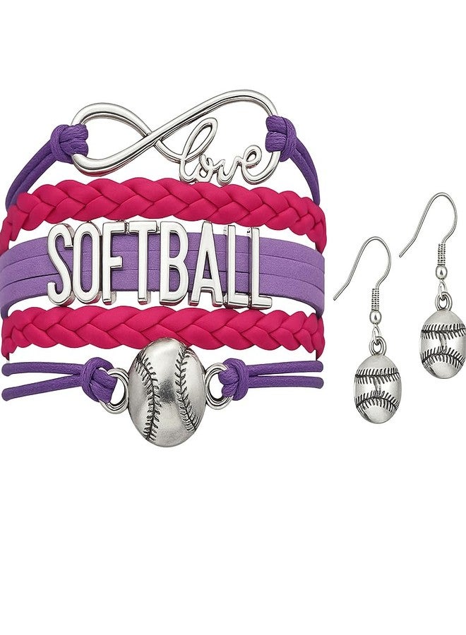إنفينيتي كوليكشن طقم سوار وأقراط Sportybella بتصميم كرة لينة، سوار مضفر قابل للتعديل باللونين الوردي والبنفسجي، هدايا مجوهرات كرة لينة للفتيات واللاعبات والفرق والمدربين. - Image 1