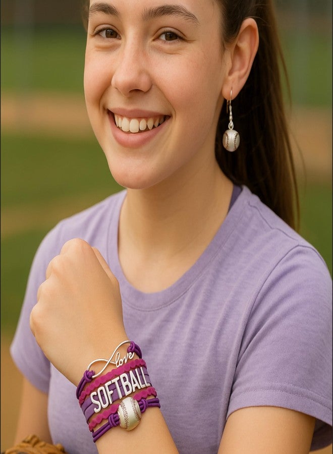 إنفينيتي كوليكشن طقم سوار وأقراط Sportybella بتصميم كرة لينة، سوار مضفر قابل للتعديل باللونين الوردي والبنفسجي، هدايا مجوهرات كرة لينة للفتيات واللاعبات والفرق والمدربين. - Image 2