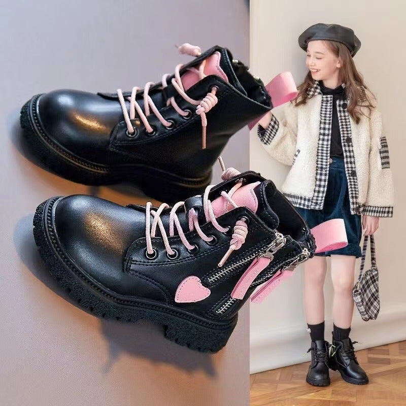 Girls Boots Autumn and Winter 2024 New Childrens Martin Boots Large Childrens Low-barred Princess Boots Little Girls Leather Ankle Boots Black shoes - Image 2